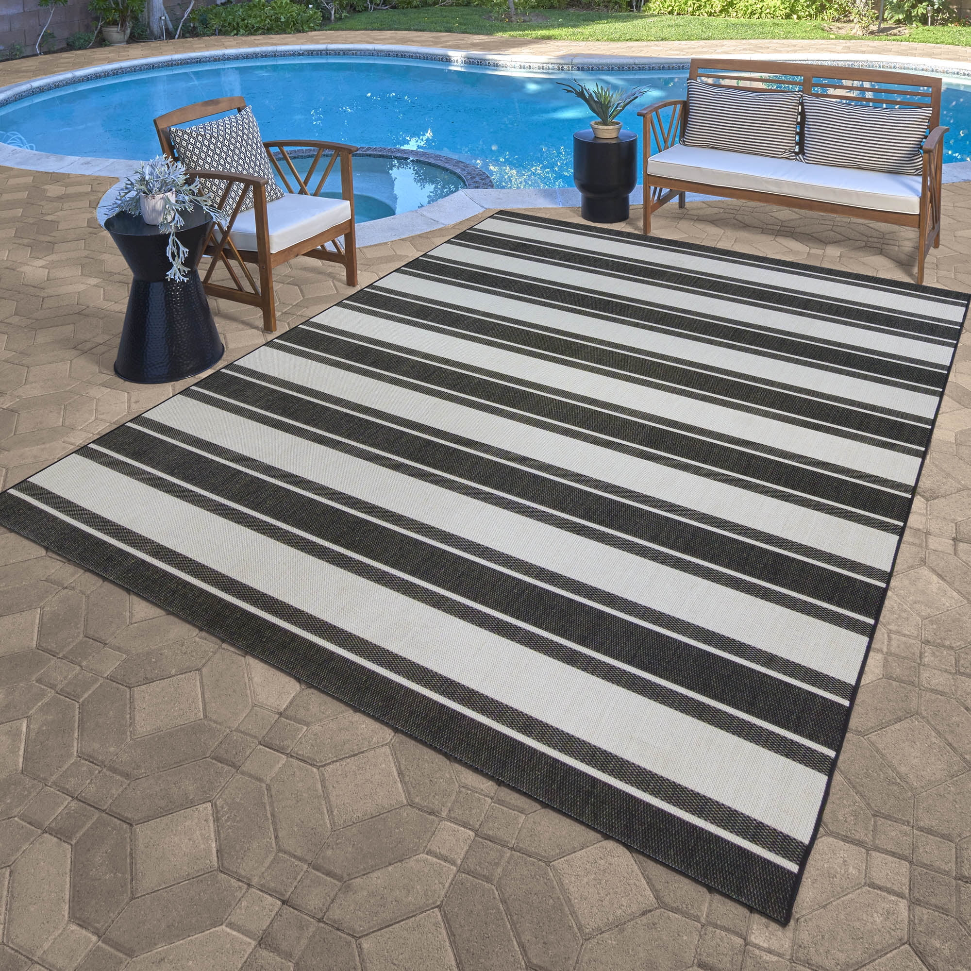 Paseo 5' x 7' Black and White Stripes Outdoor Rug | Walmart (US)