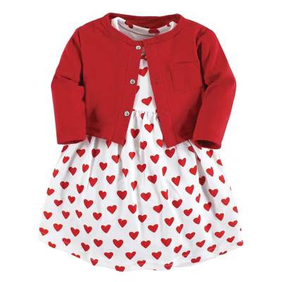 Hudson Baby Infant and Toddler Girl Cotton Dress and Cardigan Set, Red Hearts | Target