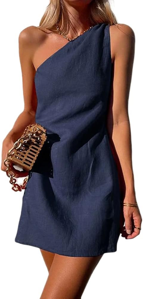 hathne Women's Linen One Shoulder Mini Dress Summer Casual Sleeveless Shift Dress | Amazon (US)