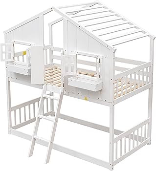 Amazon.com: BIADNBZ Twin Over Twin House Shaped Bunk Bed with Ladder, Roof, Door, Window and Stor... | Amazon (US)