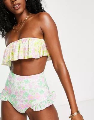 ASOS DESIGN mix and match frill bandeau bikini top in mixed ditsy floral print | ASOS (Global)