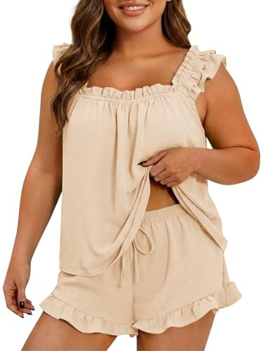 Beautife Womens Plus Size 2 Piece Pajamas Set Ruffle Square Neck Tank Top Shorts Matching Sets Summer Loungewear Outfits | Amazon (US)