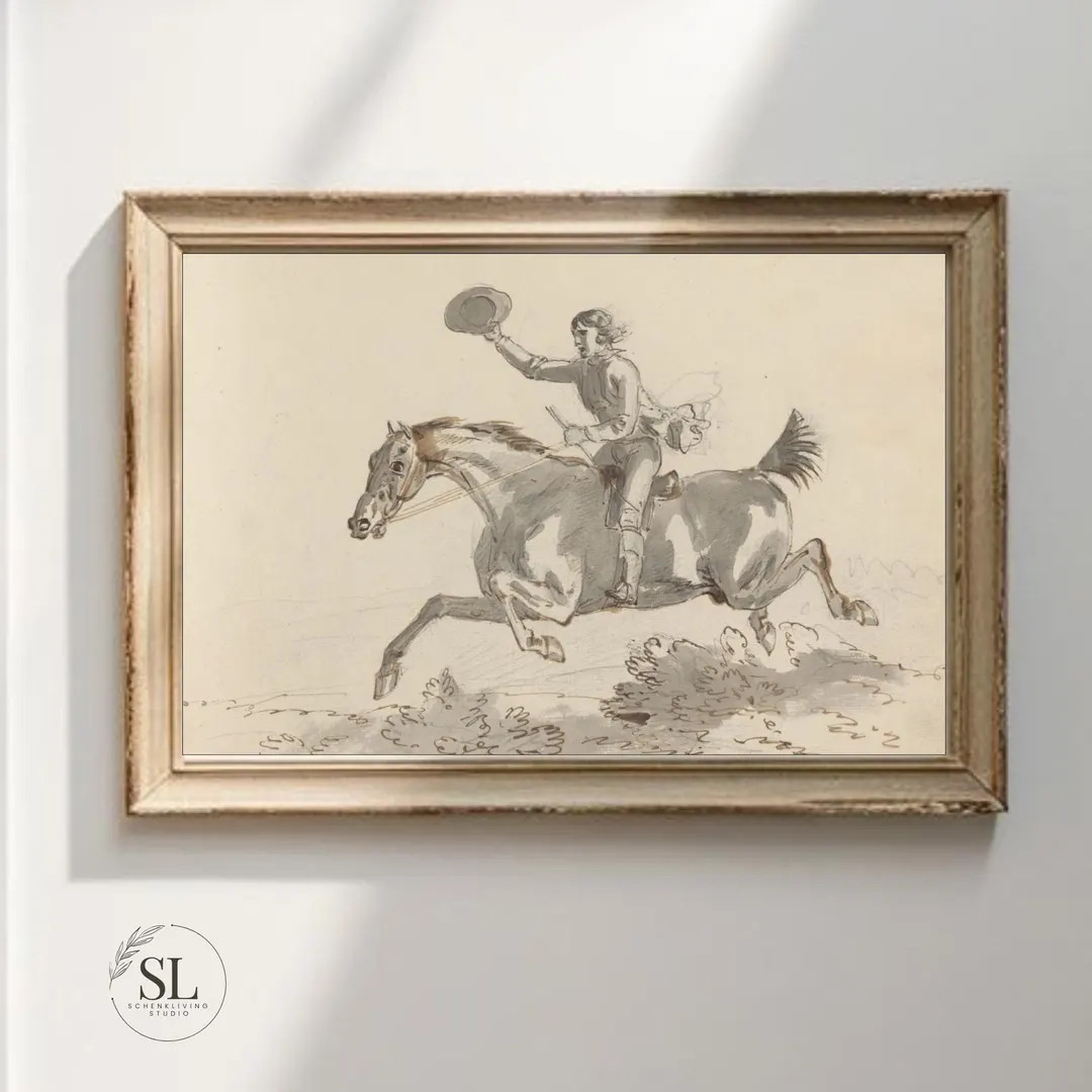 Galloping Horse and Cowboy Abstract Print Vintage Sketch of Horses Wall Art Modern Farmhouse Wall... | Etsy (US)