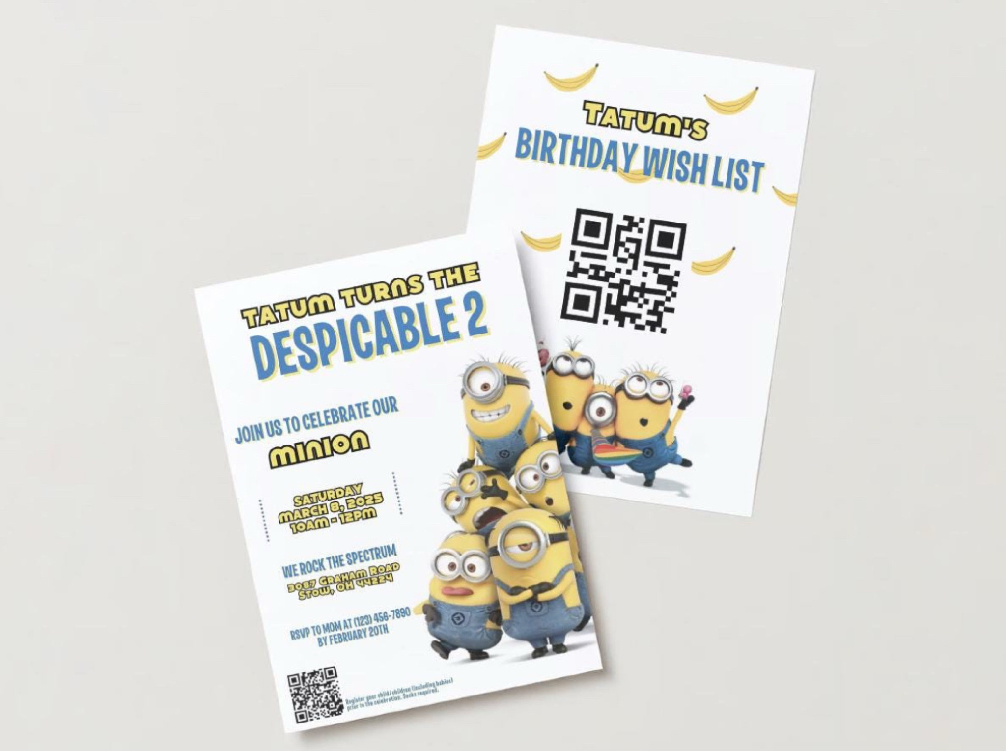 Minion Themed Birthday Invitation 💛

This is for a 5x7 printable and digital invite that is 100% editable with a free account in Canva.

FEEL FREE TO:
⭐ Tailor the invitation to your liking
⭐ Swap out the color or font scheme
⭐ Add/Delete items wording and lines
⭐ Upload and add your own photos
⭐ And more!

PLEASE NOTE:
⭐ This product is 100% editable
⭐ Can be edited using a FREE Canva account 
⭐ Highly recommended to edit your item on a computer versus on a mobile device, although you are able to edit on mobile

HOW & WHAT'S NEXT:
⭐ Complete your purchase
⭐ Check your Etsy registered email for the link to your editable invitation 
⭐ PDF File with a link to access your invite via Canva
⭐ PDF File of basic Canva editing guide

HOW TO PRINT:
⭐ Edit, save, and download your invite in Canva. I highly suggest PDF print for the best print results
⭐ Print at Canva, vendor of your choice, or in the comfort of your home
⭐ PRINT as 5x7 for best print quality/results
⭐ I recommend printing on heavyweight 80 lb cover stock (216gsm) for the best results

🚨 THIS IS A DIGITAL FILE. YOU WILL NOT RECEIVE ANY PRODUCT IN THE MAIL.

‼️ All designs and templates created by DesignsbyNCcreative are for personal use only. Please do not use any of our designs commercially, distribute or resell under any circumstances.

Minion, birthday theme, kids birthday, despicable me, minions, minions birthday party, toddler birthday theme, toddler mom, millennial mom

#LTKParties

#LTKSaleAlert #LTKFamily #LTKKids