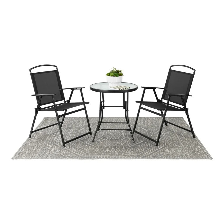 Mainstays Albany Lane 3-Piece Outdoor Bistro Set, Folding Chairs & Glass Table, Black - Walmart.c... | Walmart (US)