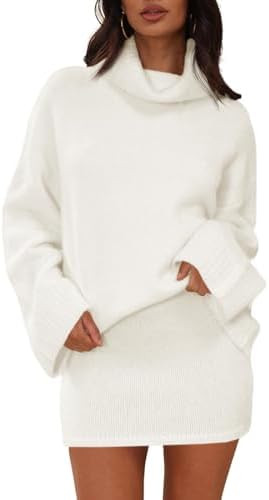Langwyqu Womens 2 Piece Outfits Sweater Sets Turtleneck Oversized Sweaters and Mini Skirts Fall W... | Amazon (US)