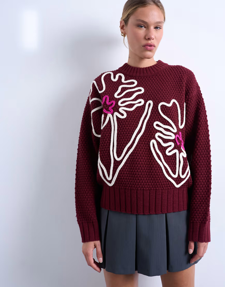 Topshop knit embroidered floral sweater in burgundy-Brown | ASOS (Global)
