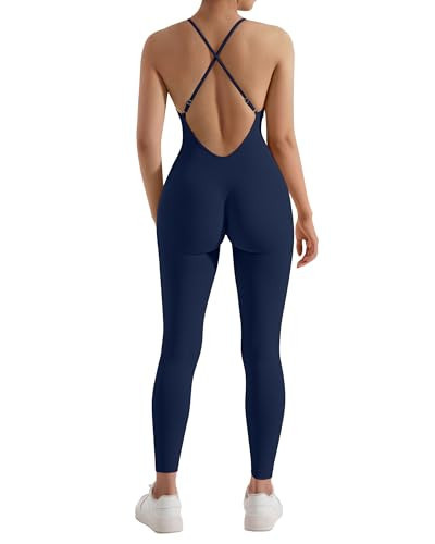 MOOSLOVER Women Strappy Backless One Piece Jumpsuits Tummy Control Padded Workout Rompers(M,#1 Stratos Blue) | Amazon (US)