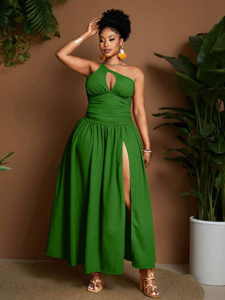 Maweii Plus Size Sexy Solid Color Hollow Out High Slit Dress, Resort Style | SHEIN