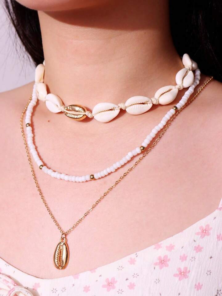 1 Set Of 3 Fashionable Beach Shell & Beaded Braided Necklaces For Women's Accessories | SHEIN