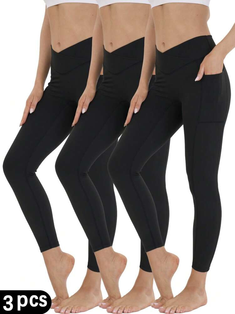 3-Piece Set Of Women's Sports Yoga Pants - High Waist Cross Waistband, Smooth Elastic Knitted Fabric - All Season Sports Leggings | Anti Roll | Hip Lifting Design | SHEIN