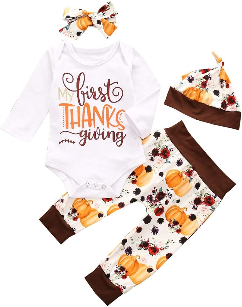 Newborn Baby Girl Boy Thanksgiving Clothes Daddy's Mommy's Little Turkey Romper+Pumpkin Pants + H... | Amazon (US)