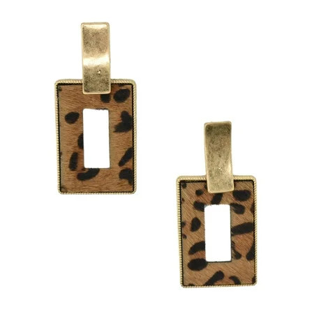 Rectangular Real Calf Hair Leather Drop Earrings, Brown, 2-1/4-Inch | Walmart (US)