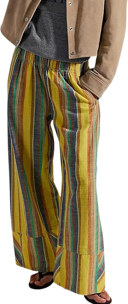 Womens Striped Wide Leg Pants Summer Boho Palazzo Pants Causal Elastic High Waist Long Lounge Tro... | Amazon (US)