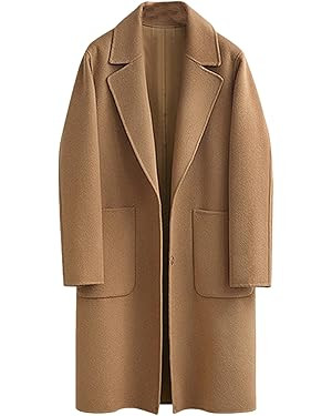 Omoone Women's Notched Lapel Wool Coats Mid Long Button Pea Coats Warm Thicken Trench Jacket | Amazon (US)