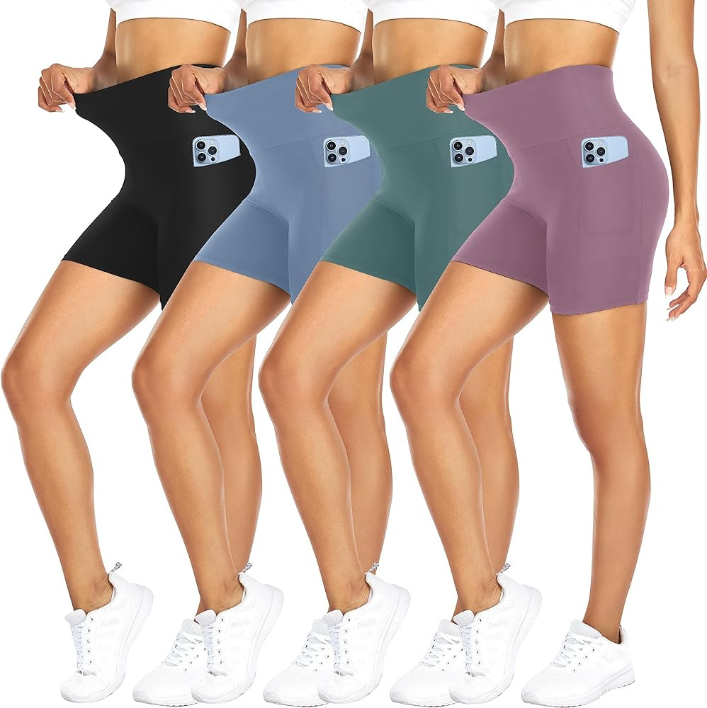 FULLSOFT 4 Pack Biker Shorts for Women with Pockets – 5" High Waisted Tummy Control Workout Yog... | Amazon (US)