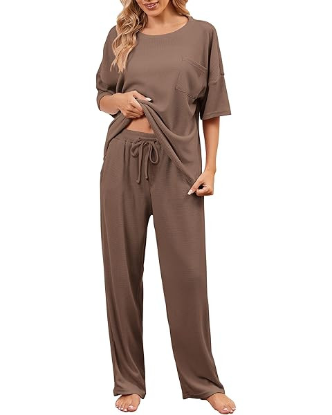 Ekouaer Womens Satin Silky Pajama Set Short Sleeve Shirt with Long Pajama Pant Set Soft PJ Lounge... | Amazon (US)