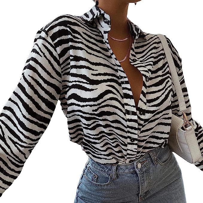 Women's Long Sleeve V Neck Button Down Shirts Zebra Animal Print Tops Casual Business Tops | Amazon (US)