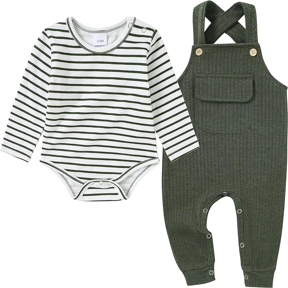 CARETOO Newborn Baby Boy Clothes Infant Boy Romper Fall Winter Outfits Bodysuit 2Pcs Striped Long... | Amazon (US)