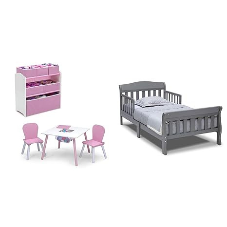 Delta Children 4-Piece Toddler Playroom Set, Pink/White, Table and 2 Chairs and 6-Bin Toy Organiz... | Amazon (US)
