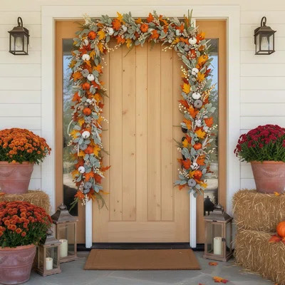 Fall Garland, 6FT Fall Leaves Garlands, Artificial Eucalyptus Garland With Pumpkins Berries For Home Mantle Fireplace Decor Thanksgiving Christmas Par | Wayfair North America