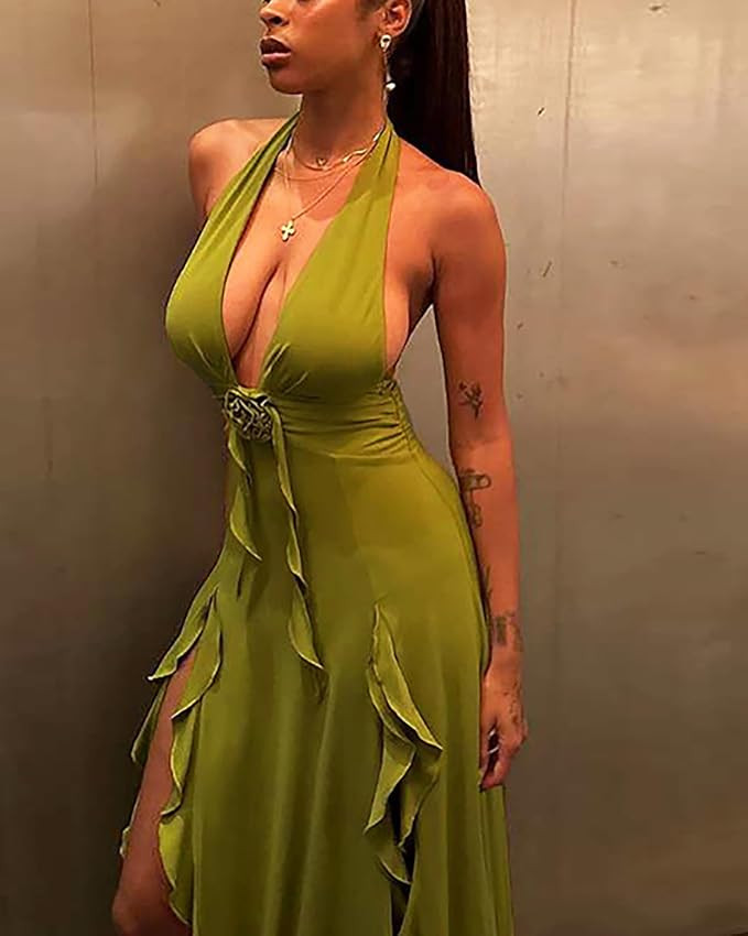 BAIMORE Women's Sexy Deep V Neck Backless Floral Ruffle Tassels Split Bodycon Halter Maxi Dress | Amazon (US)