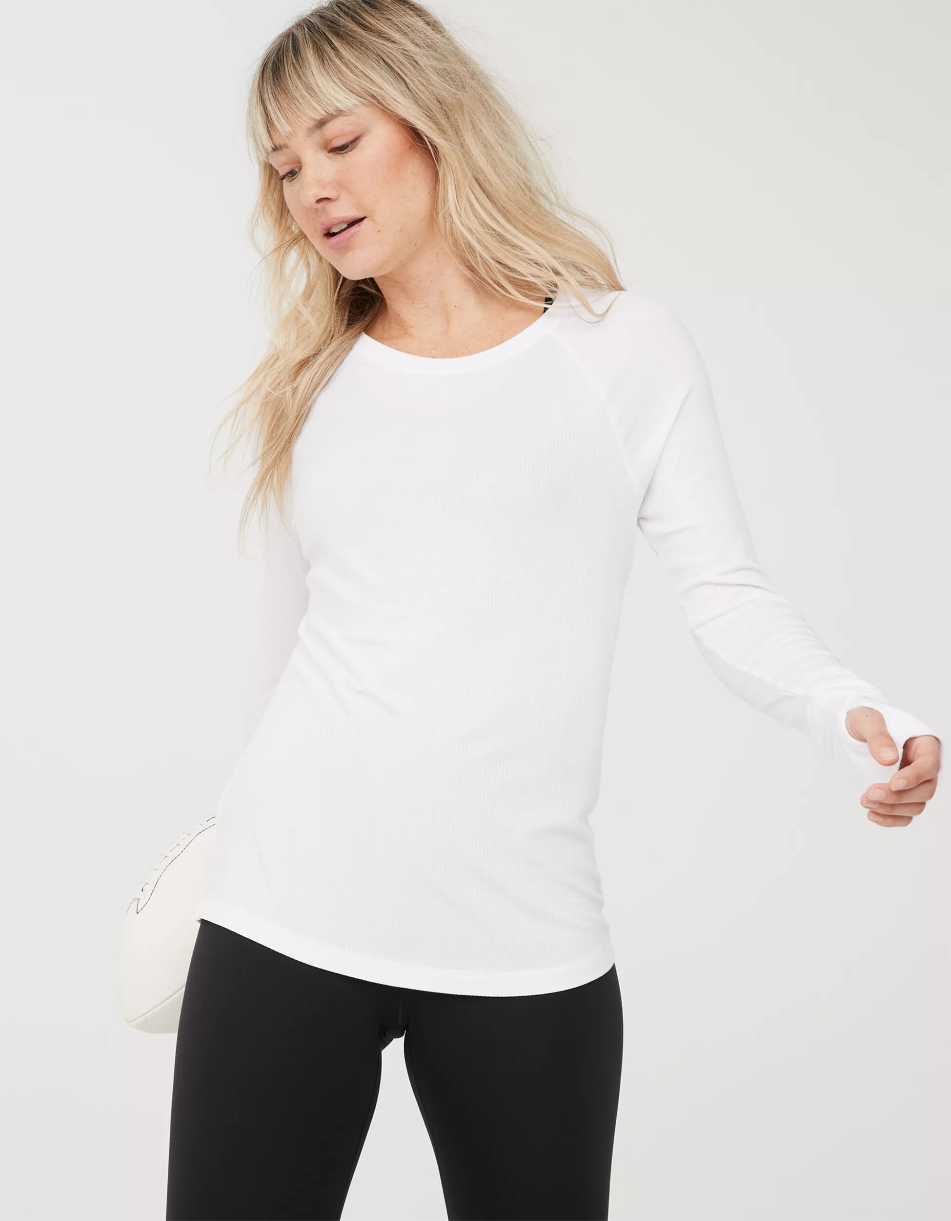 OFFLINE By Aerie Thumbs Up Ribbed Long Sleeve T-Shirt | American Eagle Outfitters (US & CA)