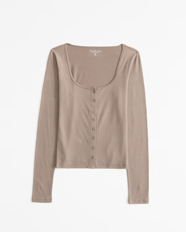 Women's Long-Sleeve Cozy Lounge Knit Button-Through Top | Women's Clearance | Abercrombie.com | Abercrombie & Fitch (US)