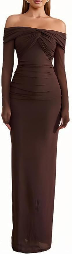Off Shoulder Long Sleeve Bodycon Maxi Dress Mesh Twist Ruched Wedding Guest Formal Party Fall Dre... | Amazon (US)