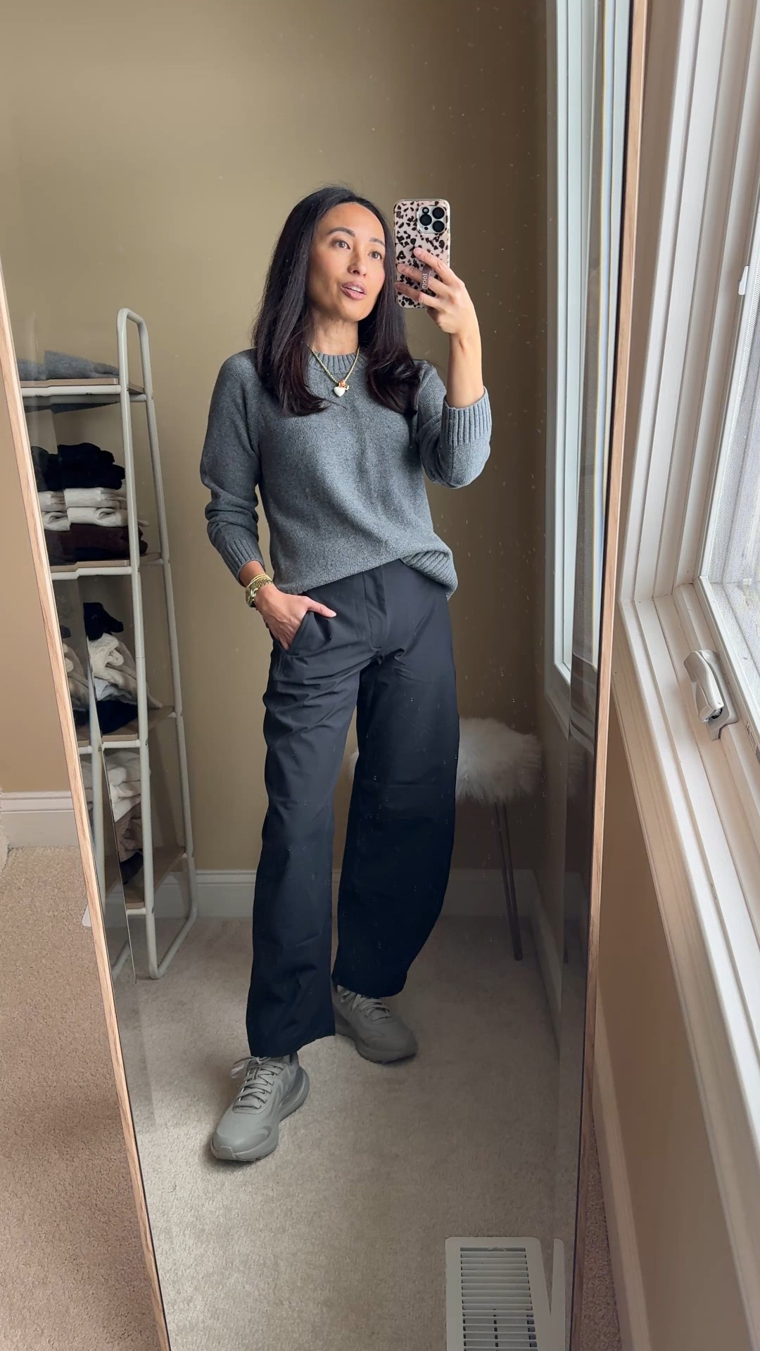 Athleisure outfit. Travel pants. 
Crew neck sweater with soft cashmere-like feel. I got this last year in true to size and I got it in black this season in a size up. 
Athleisure pants in a cute barrel cut. Lined with a soft lightweight terry material. Warm for winter. SIZE DOWN. Wearing regular length; also comes in tall and petite. 
Waterproof sneakers. I have been looking for travel shoes that are comfy and waterproof. These feel great on. Have been wearing in the house; reviews say they are indeed waterproof. True to size; size up if in between. 
Ruffle socks. 


#LTKTravel #LTKOver40 #LTKootd