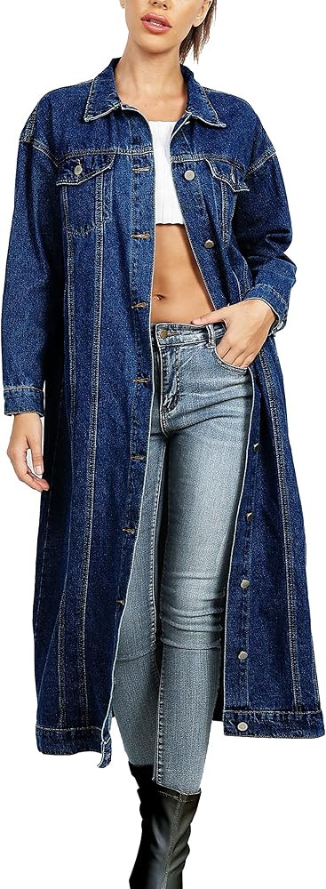 Jofemuho Womens Classic Long Jean Jacket Plus Size Loose Long Sleeve Button Down Denim Jacket Tre... | Amazon (US)