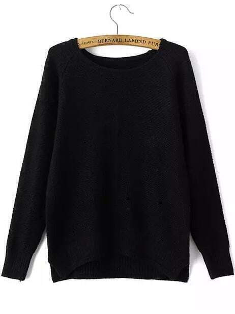 Round Neck Dip Hem Slit Black Sweater | Romwe