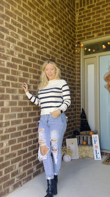 Fall outfit | Stripes | black & white | black boots | ripped jeans | 

#LTKstyletip #LTKfindsunder50 #LTKVideo