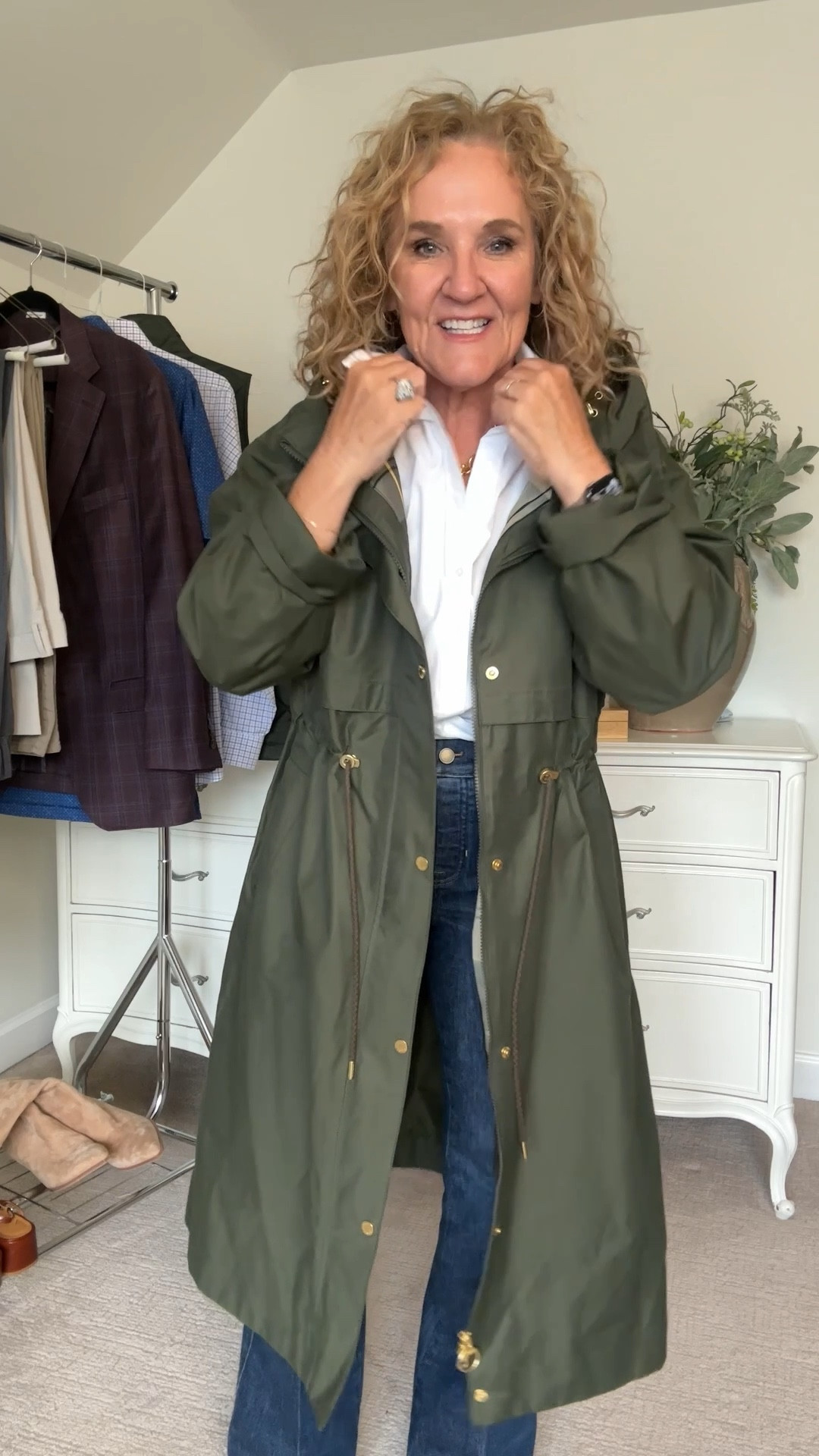 Nordstrom anniversary sale Barbour rain jacket 
This is a 12 since I bought it last year. If reordering I’d get a 10.  Yes roomie but I would want to be able to layer underneath. 
Jeans are on anniversary sale too. Size medium petite they’re pretty fitted and require a shimmy to pull on. You could size up if you want more relaxed  

Rain jacket spanx denim 

#LTKSaleAlert #LTKOver40 #LTKTravel