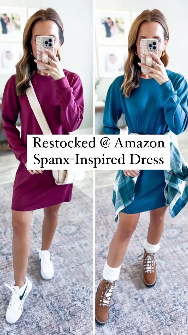 Spanx-inspired dress restocked. Fall outfits. Fall dresses. Wearing small and it’s an oversized fit on me. So soft!! Amazon shacket (small). Nike court legacy loft sneakers (size down half a size). Target hiking boots (TTS). 

#LTKshoecrush #LTKtravel #LTKHoliday