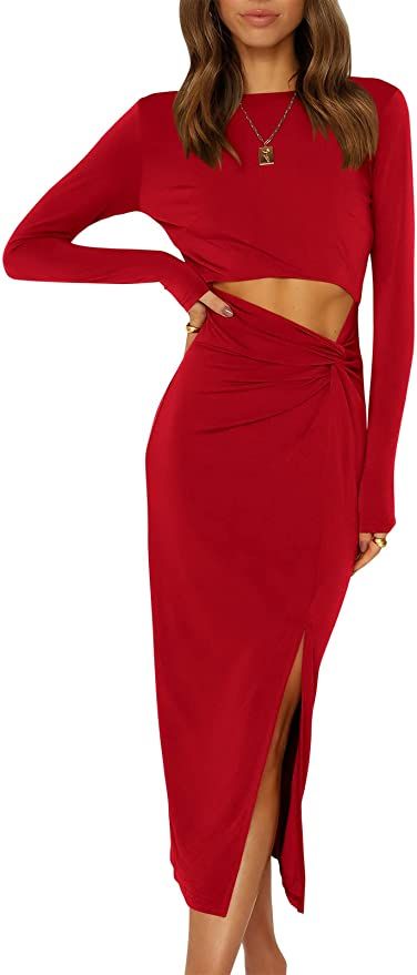 ANRABESS Women's Long Sleeve Crewnenk Twist Cutout High Waist Elegant Formal Slim Fit Slit Midi D... | Amazon (US)