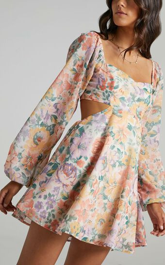 Ebonee Mini Dress - Puff Sleeve Cut Out Dress in Flower Crown | Showpo (US, UK & Europe)