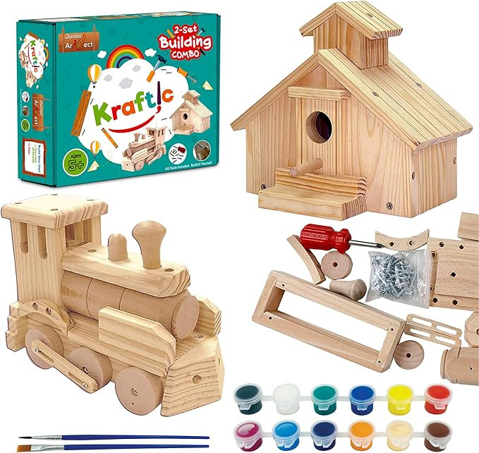 Kraftic Woodworking Building Kit for Kids and Adults, 2 Educational DIY Carpentry Construction Wo... | Amazon (US)