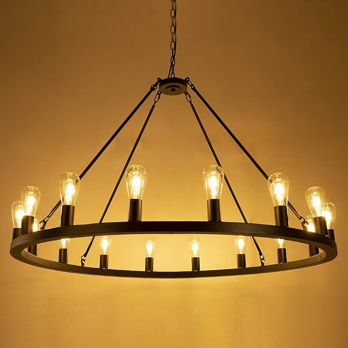 Wellmet Matte Black Wagon Wheel Chandelier 16-Light Diam 47 inch, Farmhouse Rustic Industrial Cou... | Amazon (US)