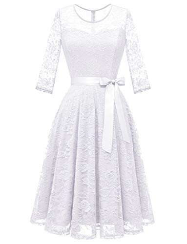 Dressystar Women’s Floral Lace Formal Wedding Guest Dress Elegant Midi Long Sleeves Bridesmaid Dresses with Illusion Neckline White Size 3XL | Amazon (US)
