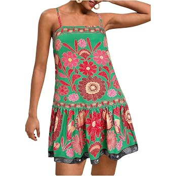 RoseSeek Women's Floral Boho Flowy Mini Cami Dress Ruffle Hem Spaghetti Strap Vacation Tank Dress... | Amazon (US)