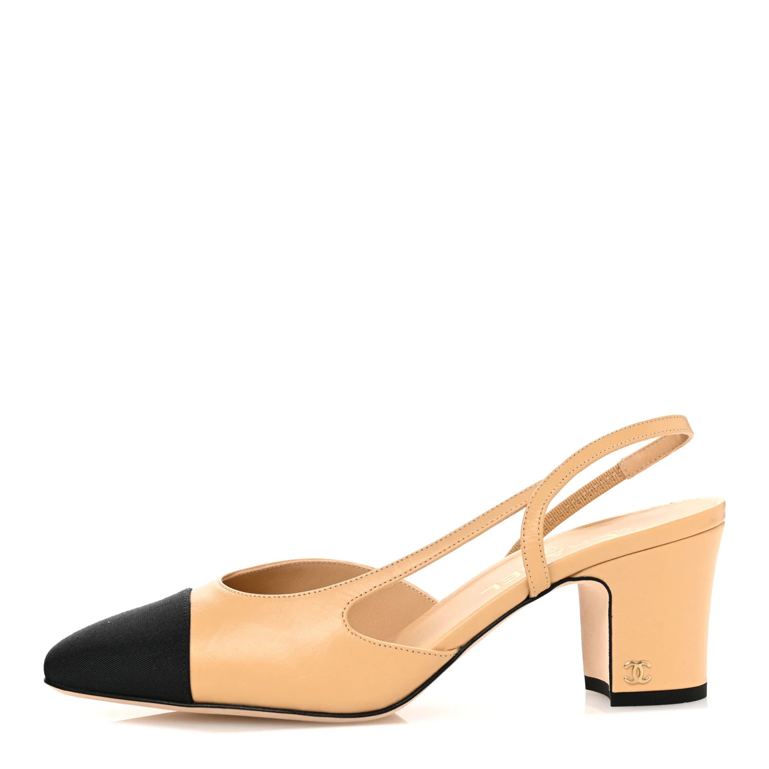 Goatskin Grosgrain Cap Toe CC Slingback Pumps 39.5 Beige Black | FASHIONPHILE (US)