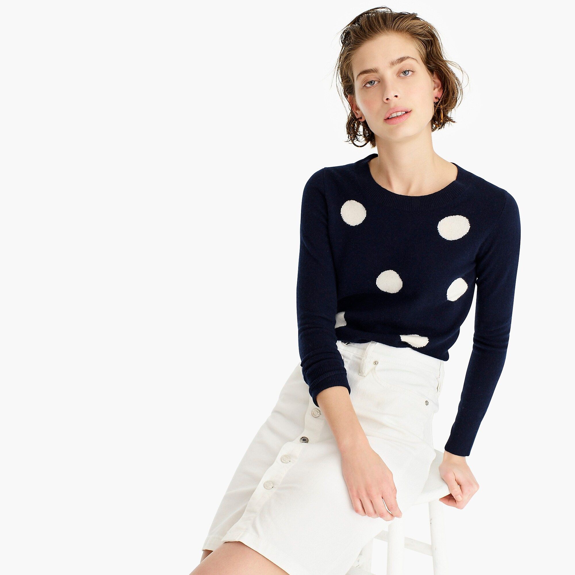 Long-sleeve everyday cashmere crewneck sweater in polka dot | J.Crew US