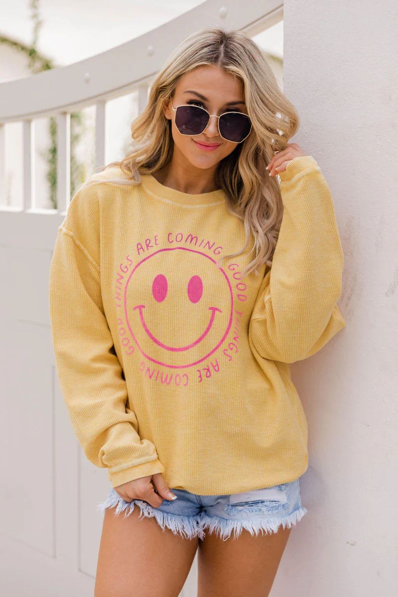 Good Things Are Coming Smiley Gold Graphic Sweatshirt | Pink Lily