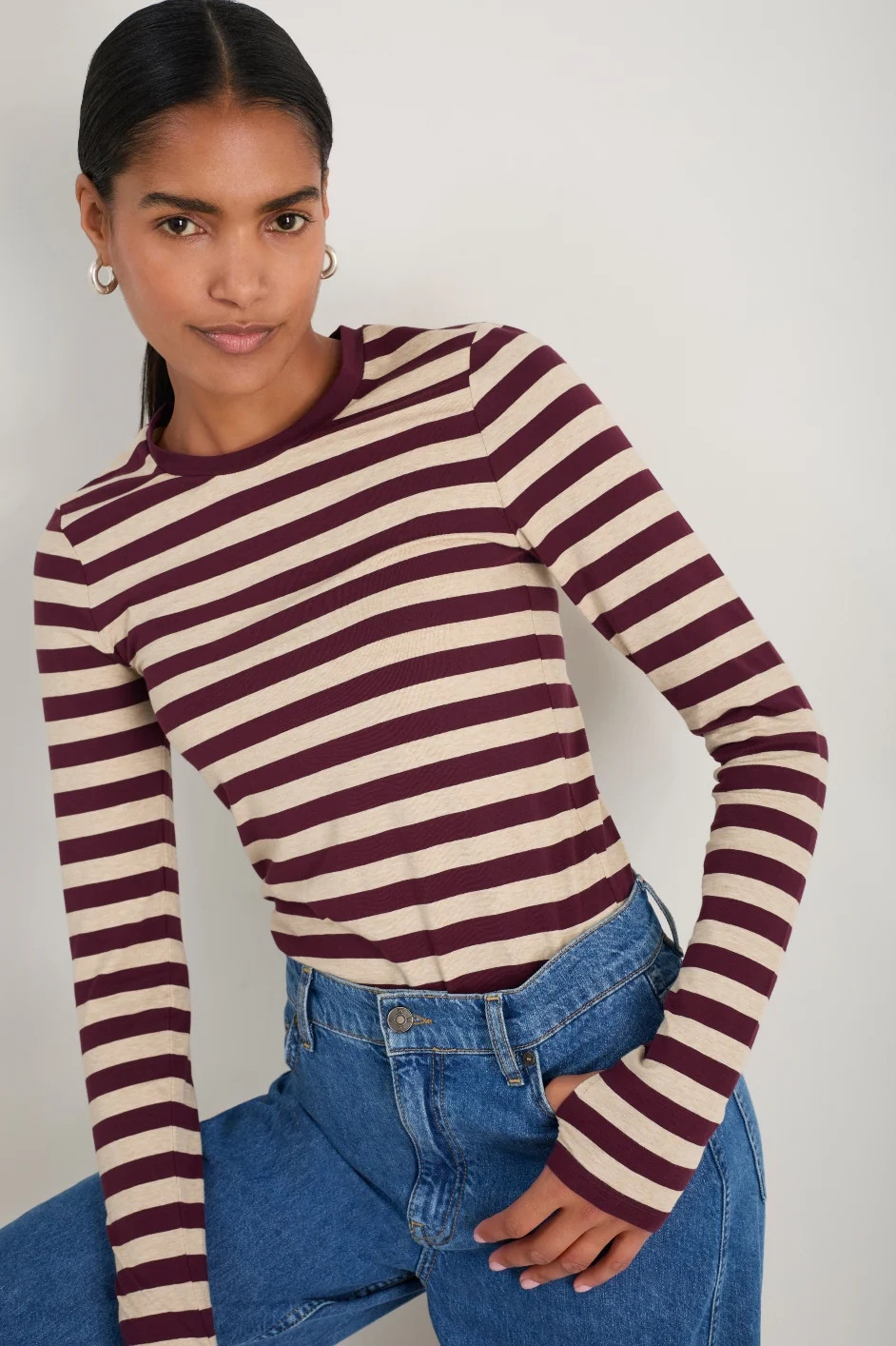 Marnie Long Sleeve Jersey Top - Oat/Deep Fig Stripe | WYSE London
