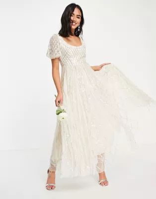 Needle & Thread Bridal midaxi dress in ivory with silver gingham embellishment | ASOS (Global)