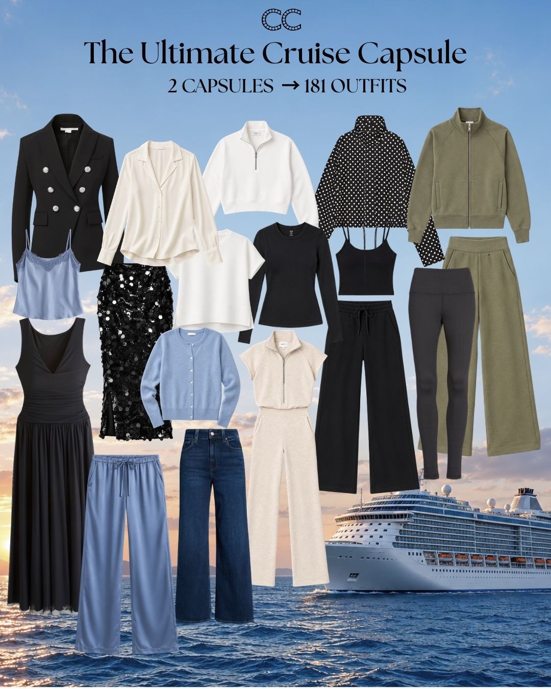 DRESSY CAPSULE

☐ Blazer
☐ Button-up (classic or sheer)
☐ Cardigan
☐ Camisole top
☐ Drawstring pants
☐ Black lace skirt
☐ Jeans
☐ Black dress
CASUAL CAPSULE

☐ Black long sleeve
☐ Black cropped tank
☐ White short sleeve
☐ Black leggings
☐ Wide leg sweatpants
☐ Track pants
☐ Track jacket
☐ Windbreaker
☐ Half zip
☐ Jumpsuit

Options to customize and more samples capsules ⬇️ https://closetchoreography.com/the-ultimate-cruise-capsule-wardrobe-2-capsules-181-outfits/

Promo code JENNIFERXSPANX