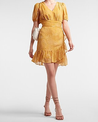 Dot Print Ruffle Wrap Puff Sleeve Dress | Express