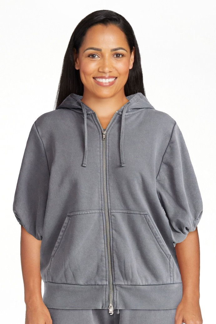 Scoop Women’s Mineral Washed Zip Hoodie with Short Puff Sleeves, Sizes XS-XXL | Walmart (US)