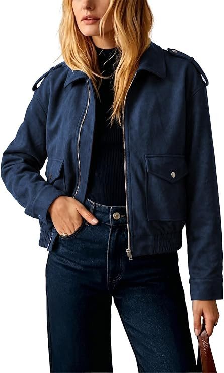 SHEWIN Women Zip Up Jacket Faux Suede Outerwear Fall Clothes | Amazon (US)